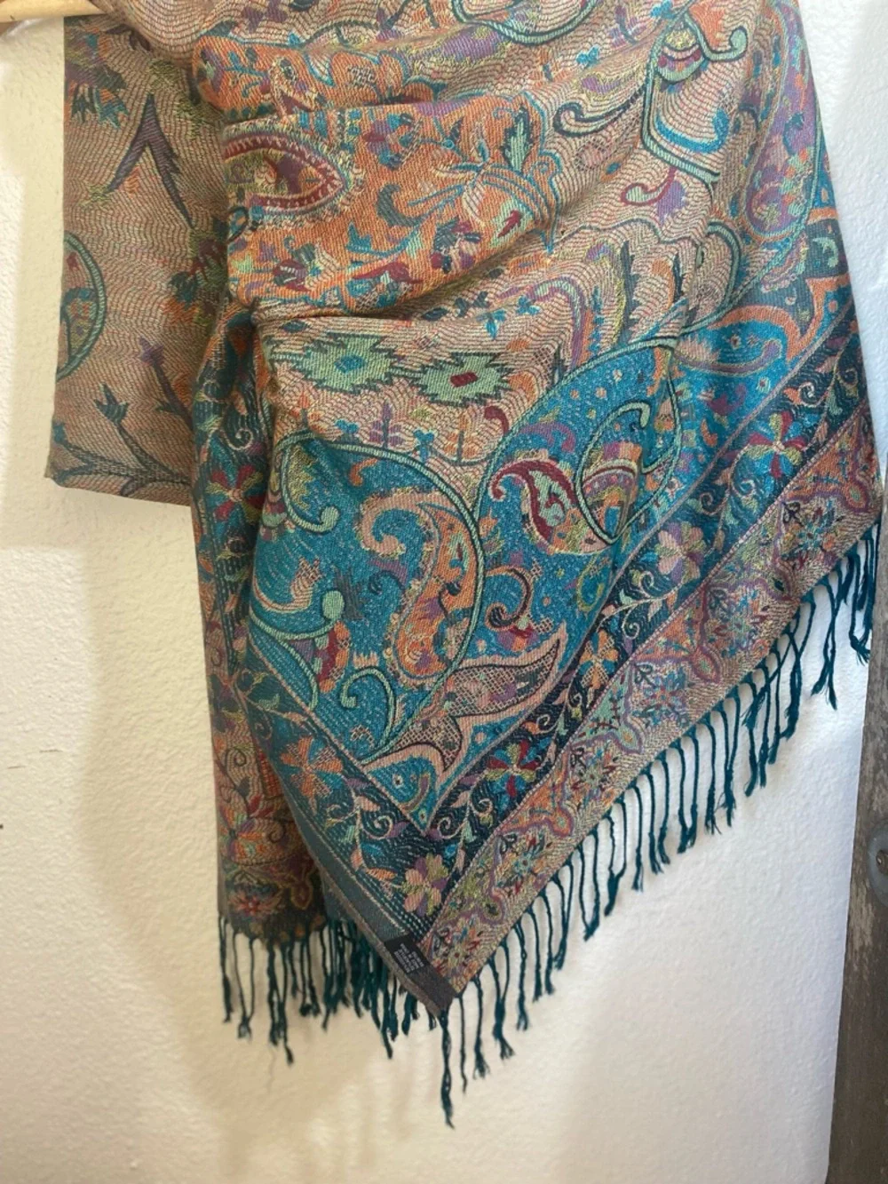Oversized Paisley Fringe Tapestry Scarf Shawl Fairycore Teal Copper